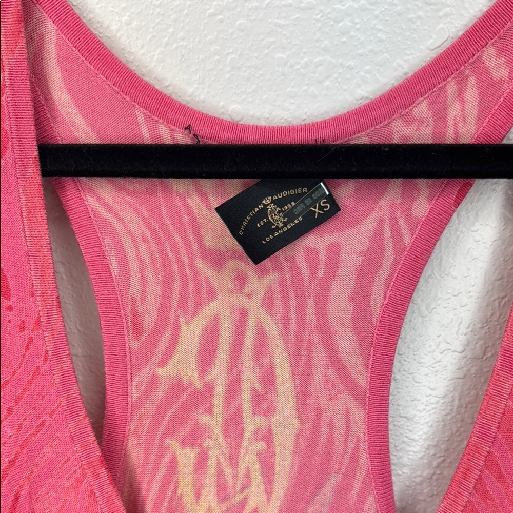 Christian Audigier Pink Tank Sweater Dress w Graphic Design Fringe‎ Y2K - Picture 3 of 17